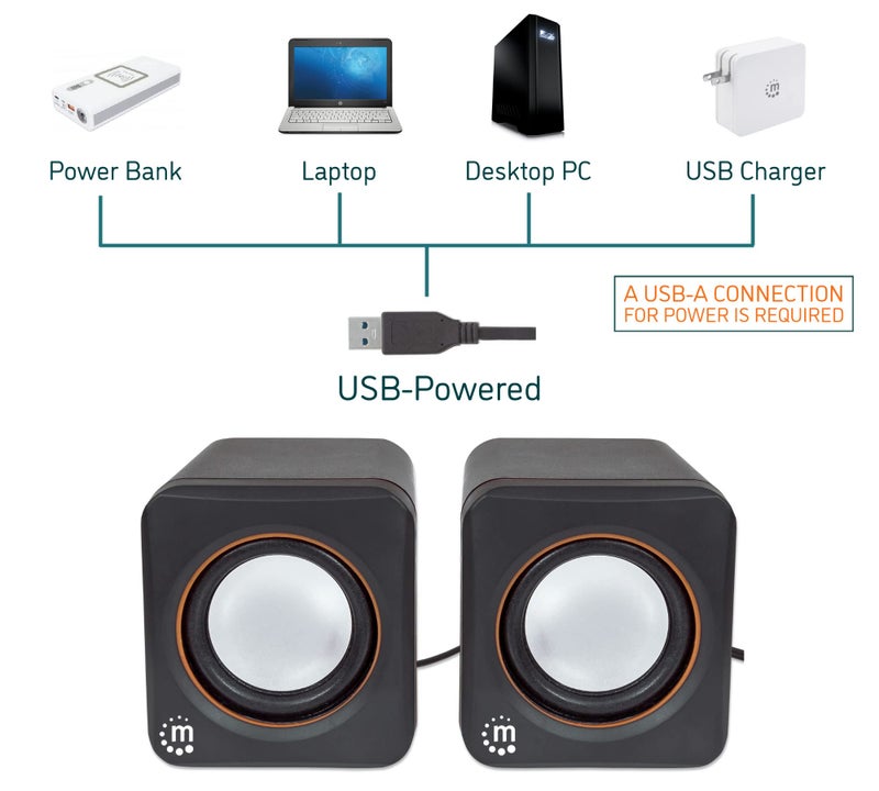Manhattan USB Powered Stereo Speaker System - Small Size - with Volume Control & 3.5 mm Aux Audio Plug to Connect to Laptop, Notebook, Desktop, Computer - 3 Yr Mfg Warranty - Black Orange, 161435 - Image 3